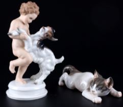 Rosenthal tanzende Putte mit Zicklein und lauernde Katze, Th. Kärner und H.M. Fritz, cherub with goa