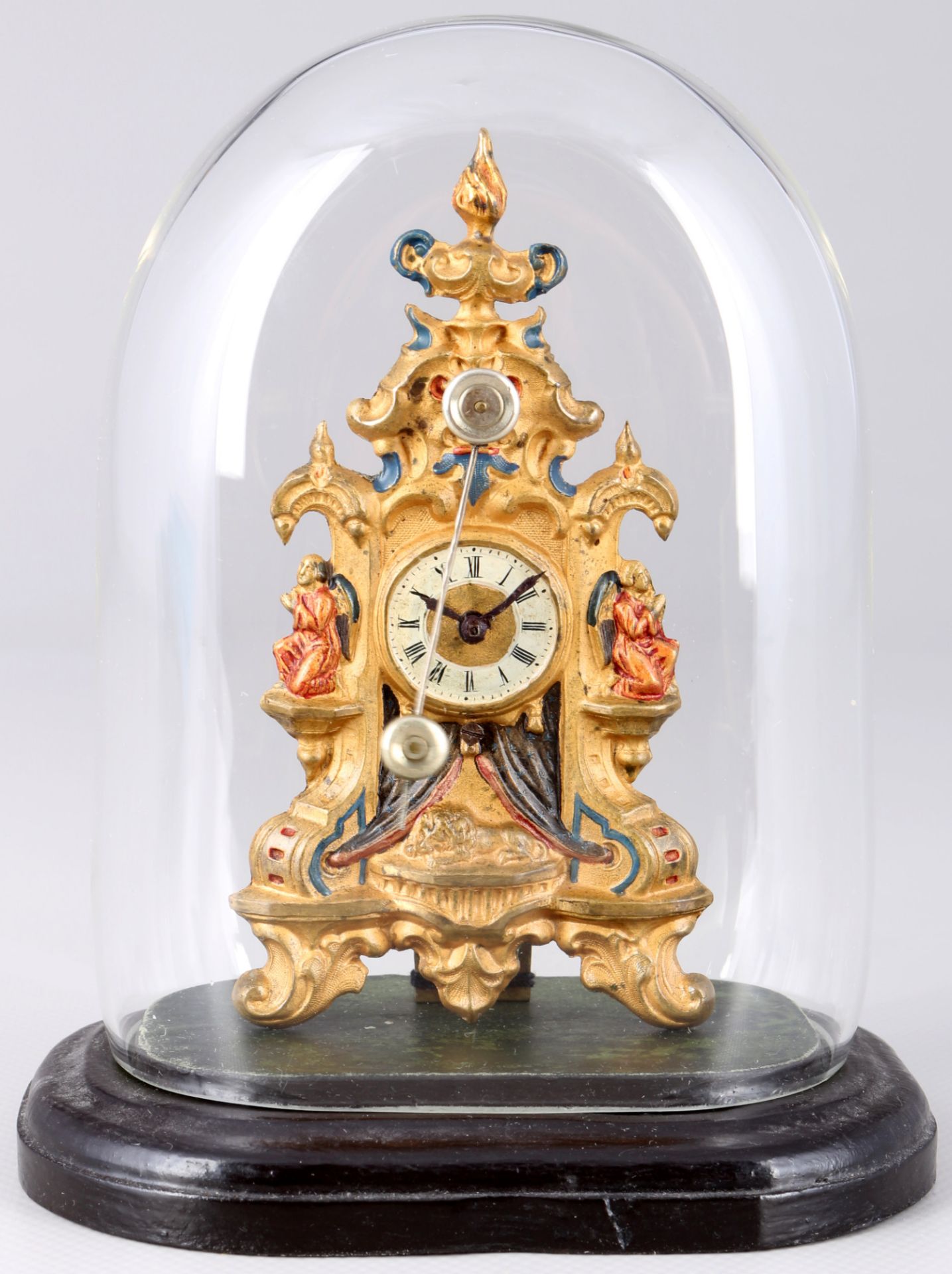 Mantel clock in the glass dome, 19th century, Tischuhr als Vorderzappler, 19. Jahrhundert,