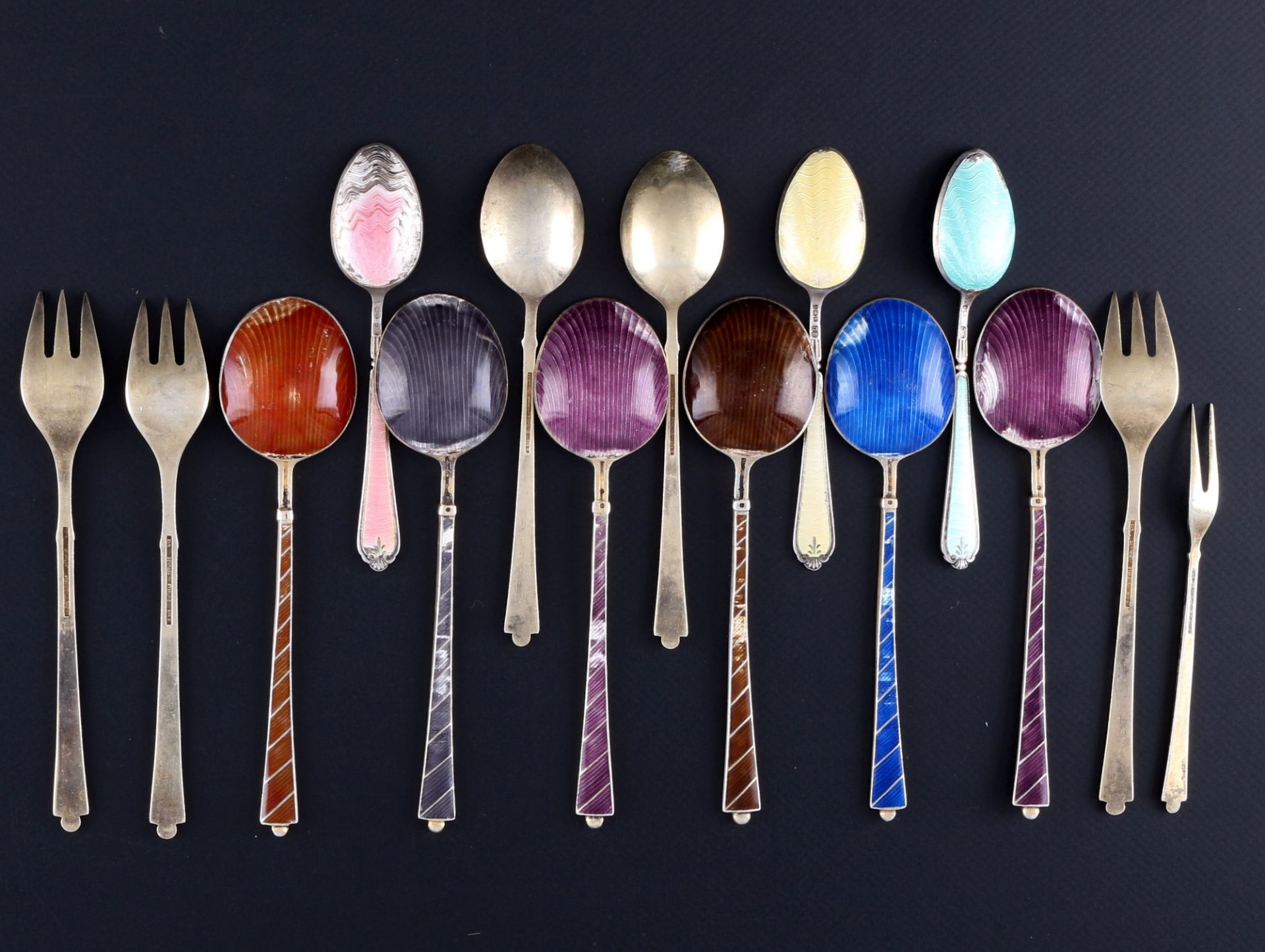 925 silver 15 enameled cutlery pieces, sterling silver 15 pieces enamel silver cutlery, - Image 2 of 7