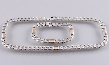 925 Silber Armband und Halskette mit Goldelementen, 925 silver bracelet and chain set with gold elem