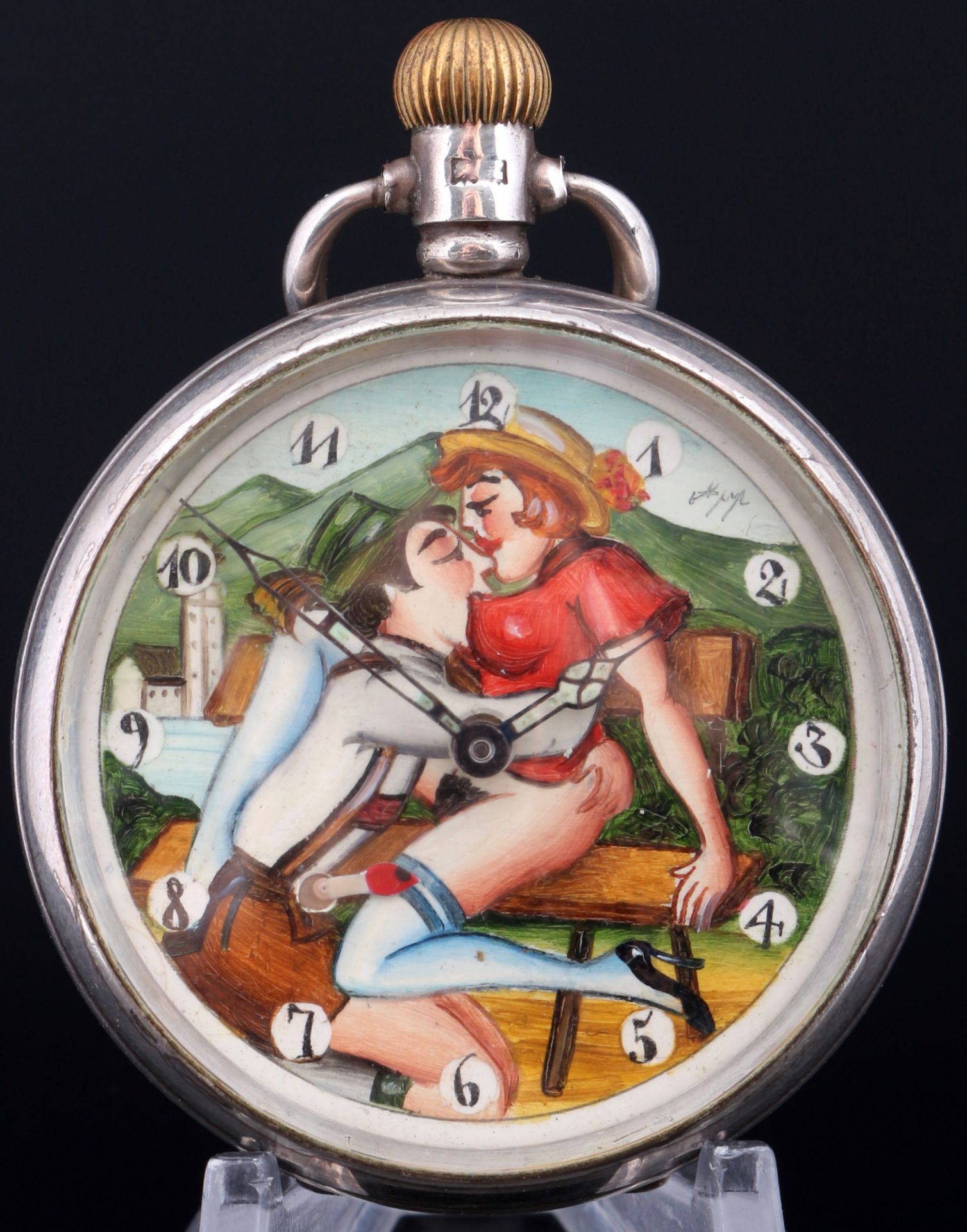 925 Silber Taschenuhr mit erotischer Szene Tiroler Paar auf der Bank,