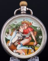 925 silver pocket watch with erotic scene Tyrolean couple on the bench,