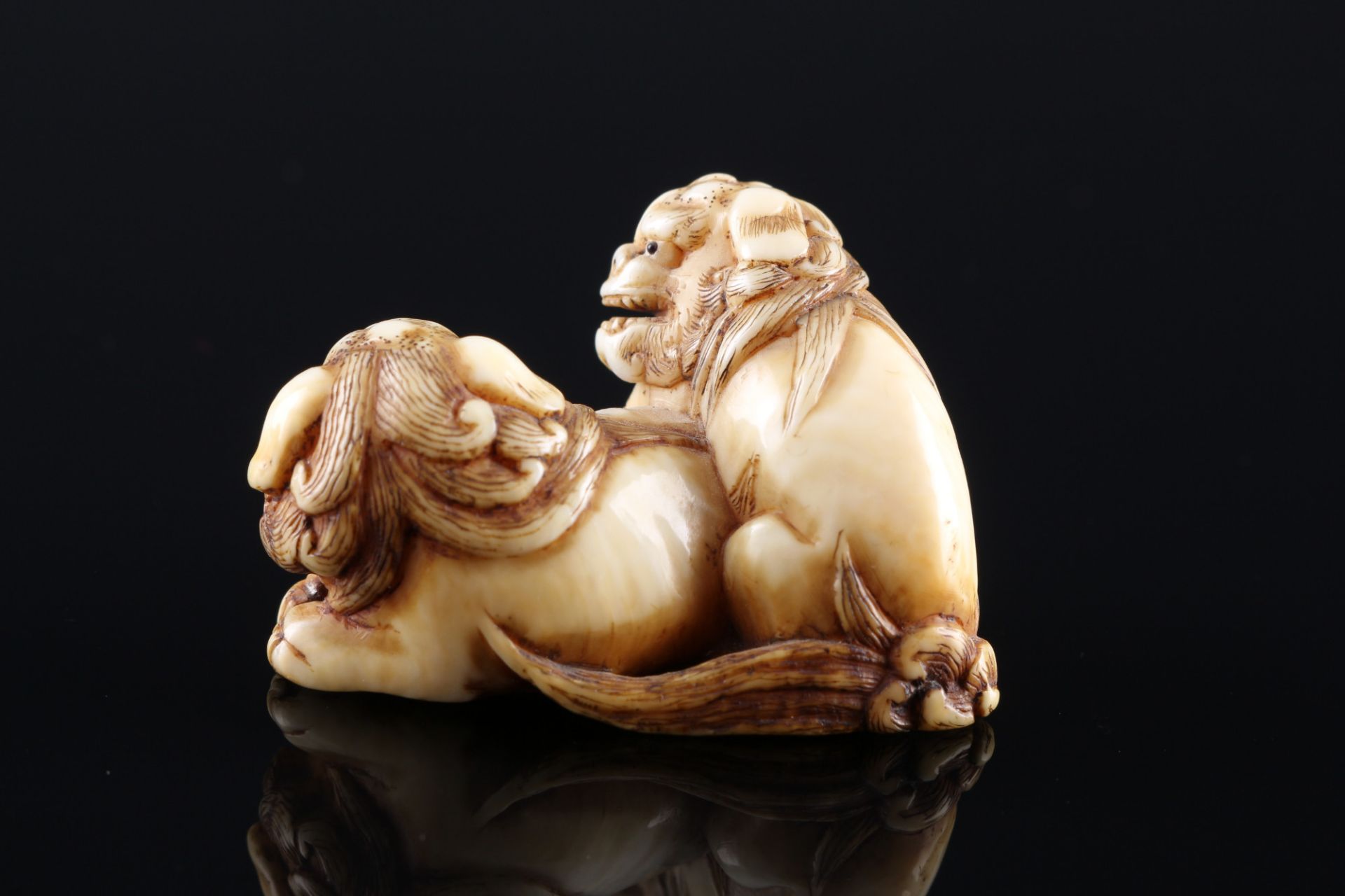 Japan 18th/19th Century, ivory Katabori-Netsuke Shishi pair, Edo period, - Image 3 of 7