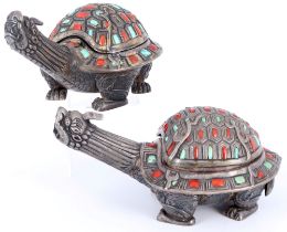Japan 2 silver turtles with turquoise and red coral, Meiji period 19th century,