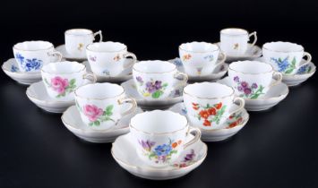 Meissen flowers 12 mocha coffee cups with saucers, Mokkatassen, diverse Blumendekore,