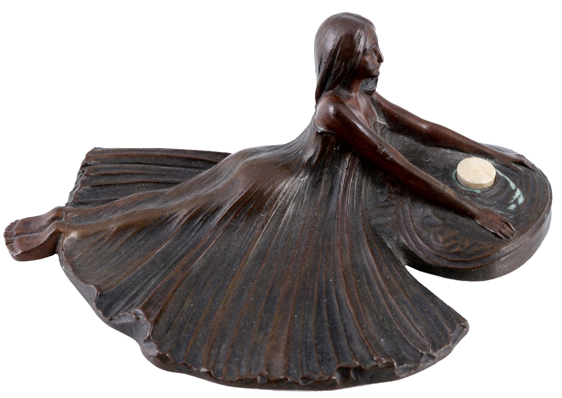 Jugendstil Bronze Tischklingel mit liegender Frau,