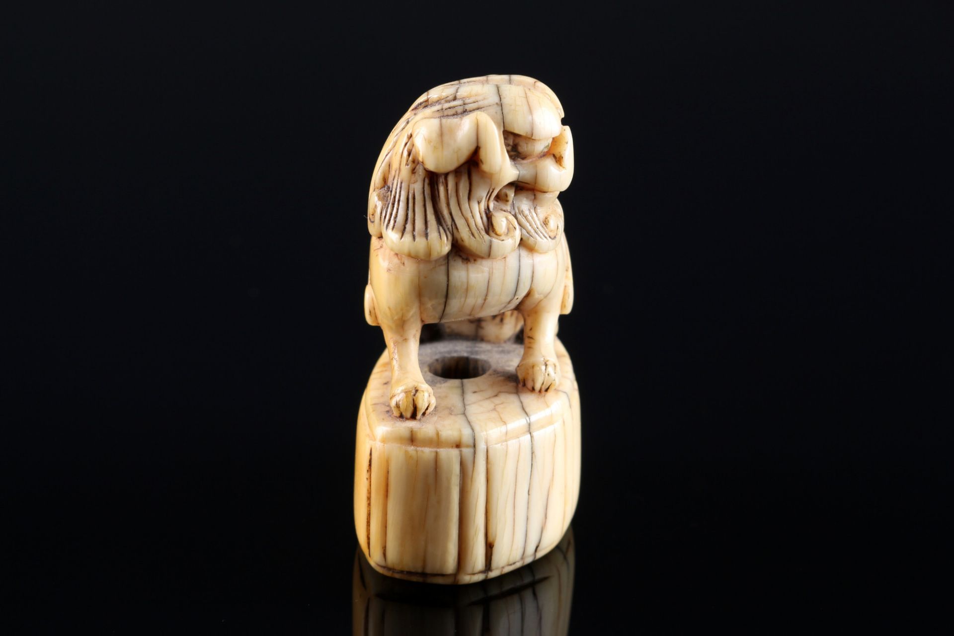 Japan 18th century, ivory netsuke shishi on base, Edo period, - Image 4 of 7