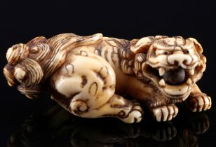 Japan 18th century, ivory netsuke shishi on base, Edo period,
