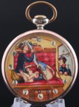 Silver 800 pocket watch with erotic scene, porters with woman,