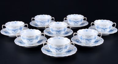 Meissen Indian Blue 8 soup cups with saucers 1st choice,