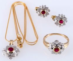 585 Gold Schmuckset mit Diamanten und Rubin,