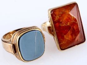 585 Gold Signet Ring and Amber Ring,