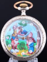 875 silver pocket watch with erotic scene with Snow White and dwarves,