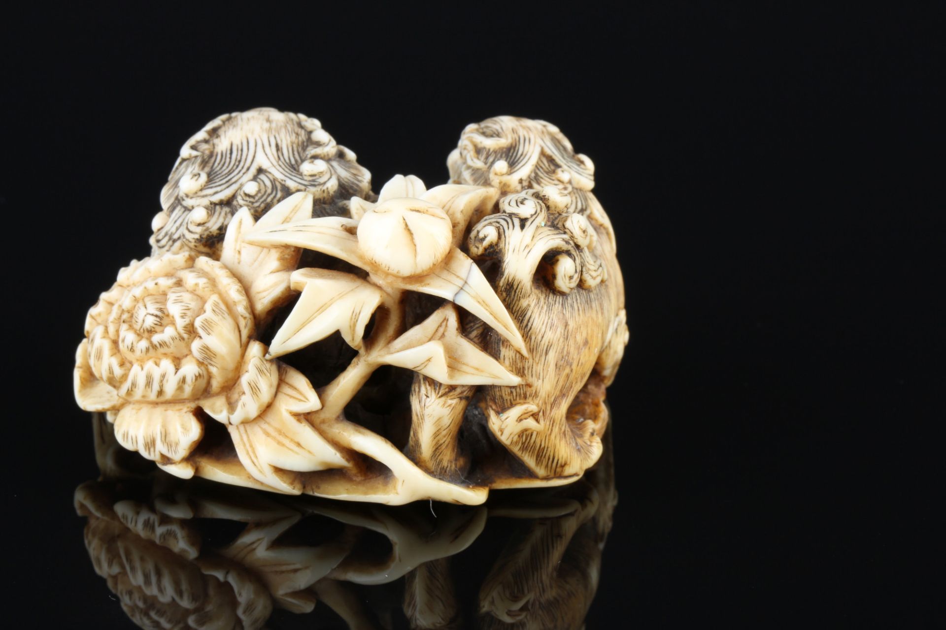 Japan 18th century, ivory Himotoshi Katabori Nezsuke Shishi pair, Edo period, - Image 3 of 8