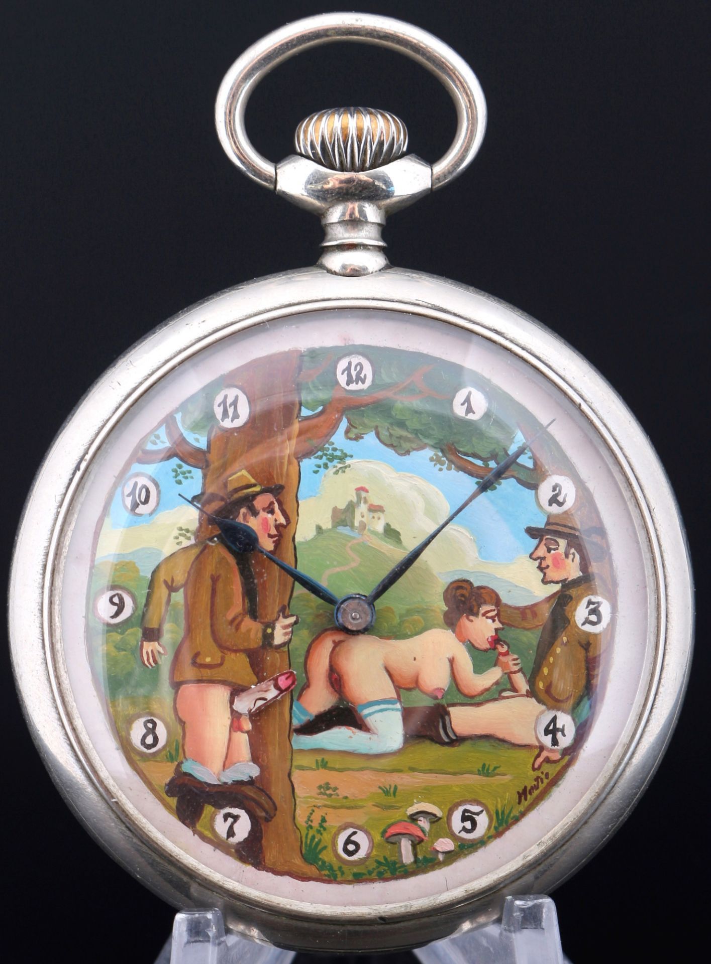 Doxa Taschenuhr mit erotischer Szene zwei Jäger und eine Frau,