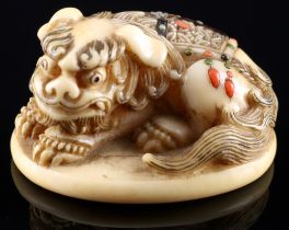 Japan 19th century, hippopotamus netsuke shishi with inlays, signed, Meiji period,