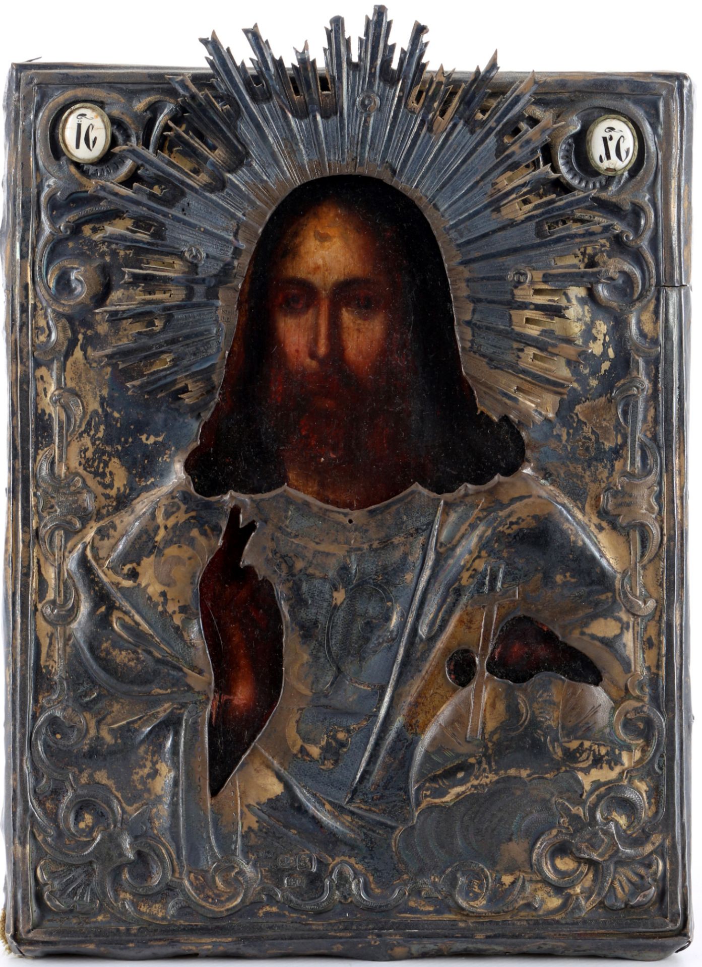 Russia icon with 84 Zolotniki silber riza Jesus Christ 19th century,