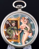 Doxa pocket watch with erotic scene woman with two hunters,