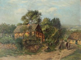 Hugo MÜHLIG (1854-1929) Dorfstraße mit Kuh und Bauernhäuser,