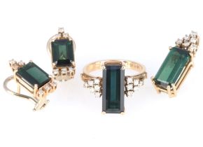 750 gold jewelry set with tourmaline and diamonds,