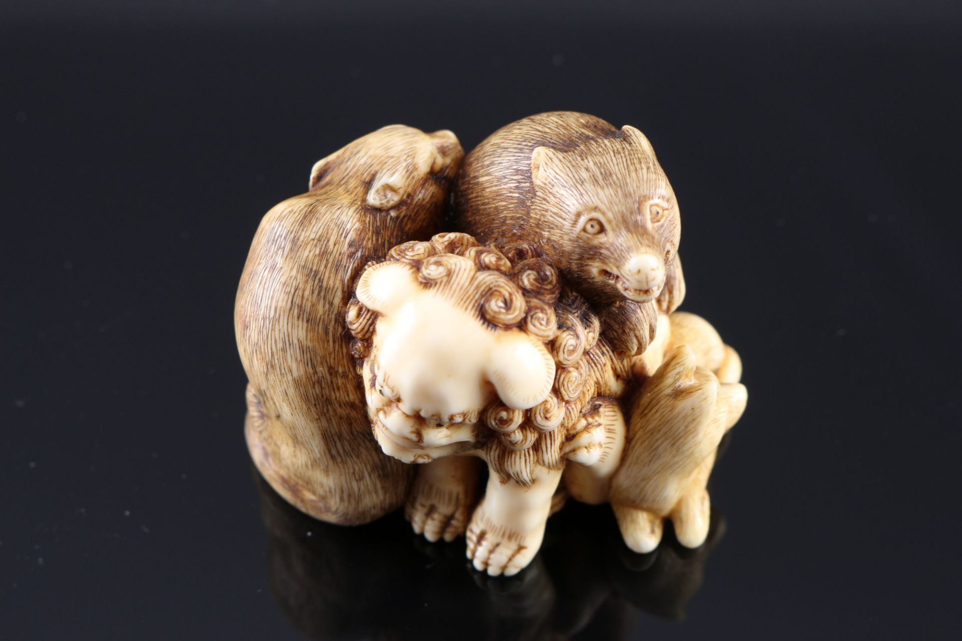 Japan 18th century, ivory Katabori-Netsuke Shishi with animals, signed,Edo period, - Image 6 of 7