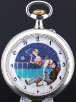 Doxa very large XL pocket watch with erotic scene, man with woman on the balcony,