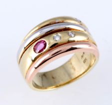 585 Gold Tricolor Ring mit Brilliant und Rubin,