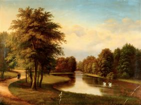 Christian BERTHELSEN (1839-1909) Monumentalwerk - Romantischer Spaziergang mit Flusslandschaft und S