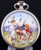 Omega pocket watch with an erotic scene of a referee and a woman at a cycling race,