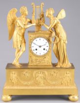 Empire mantel clock Cupid and Psyche with harp, France 19th century,