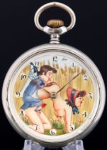 Doxa pocket watch with erotic scene couple in the field,