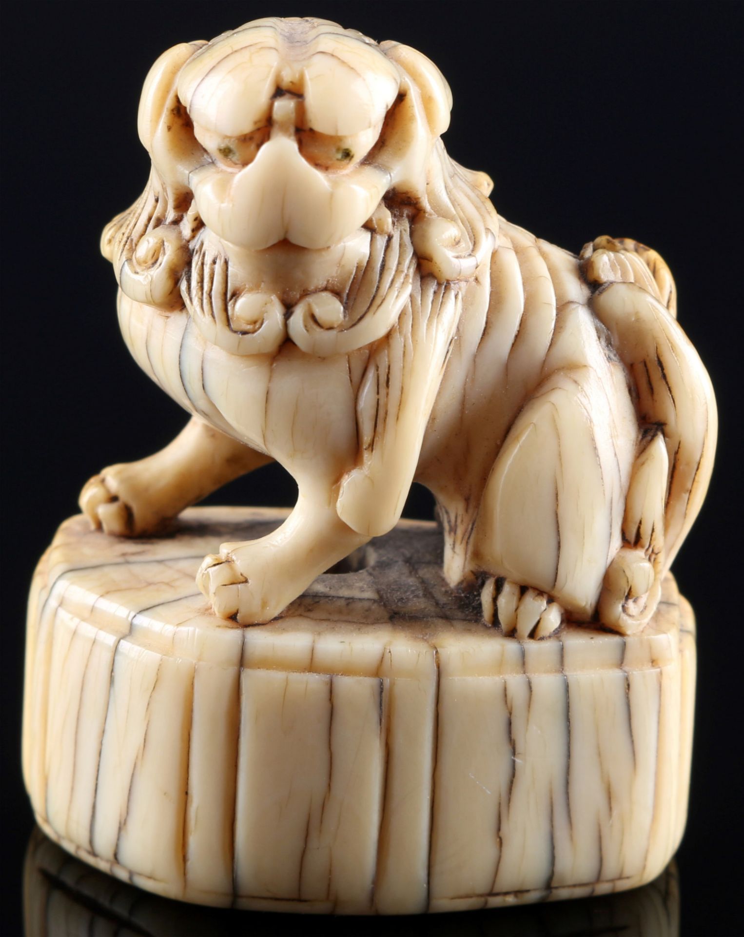 Japan 18th century, ivory netsuke shishi on base, Edo period,