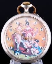 Ahnerwerk 800 silver pocket watch with erotic scene with three women,