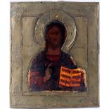 Russland um 1900 Ikone Jesus Christus Pantokrator mit Messingoklad,