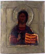 Russland um 1900 Ikone Jesus Christus Pantokrator mit Messingoklad,