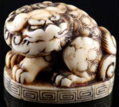 Japan 18th/19th Century, ivory netsuke shishi on base, Edo period,