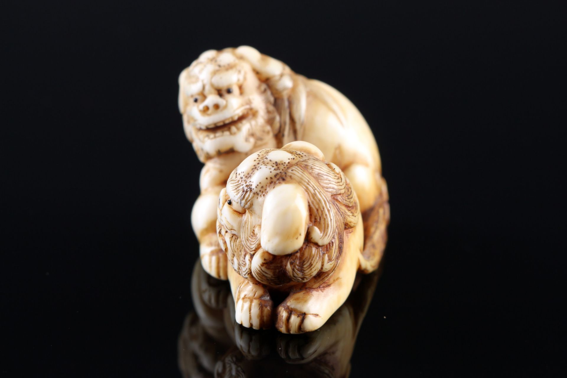 Japan 18th/19th Century, ivory Katabori-Netsuke Shishi pair, Edo period, - Image 2 of 7