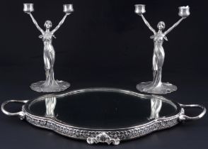 Art Nouveau pair of candlesticks / candlesticks on a tray,