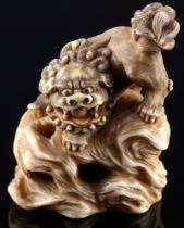 Japan 19th century, ivory Netsuke Shishi on rock, signed, Meiji period,