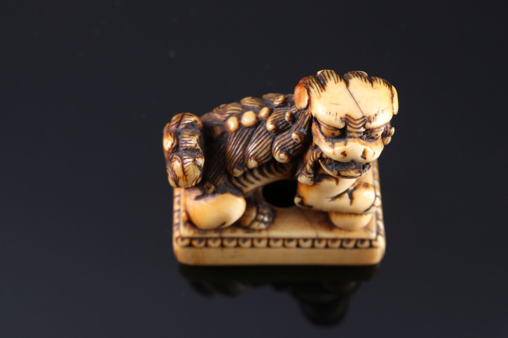 Japan 18th century, ivory netsuke shishi on base, Edo period, - Image 6 of 7