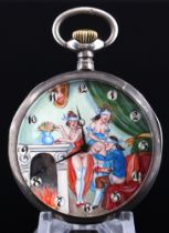 Silver pocket watch with erotic scene love game with blindfold,