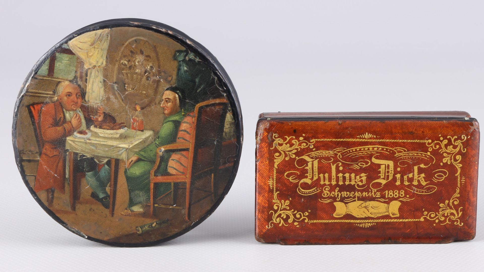 2 lacquer cans of tobacco 19th century,