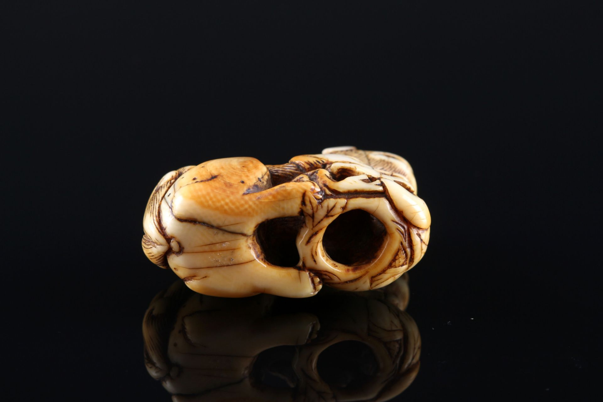 Japan 18th century, ivory Katabori-Netsuke Shishi with flower, Edo period, - Image 5 of 7