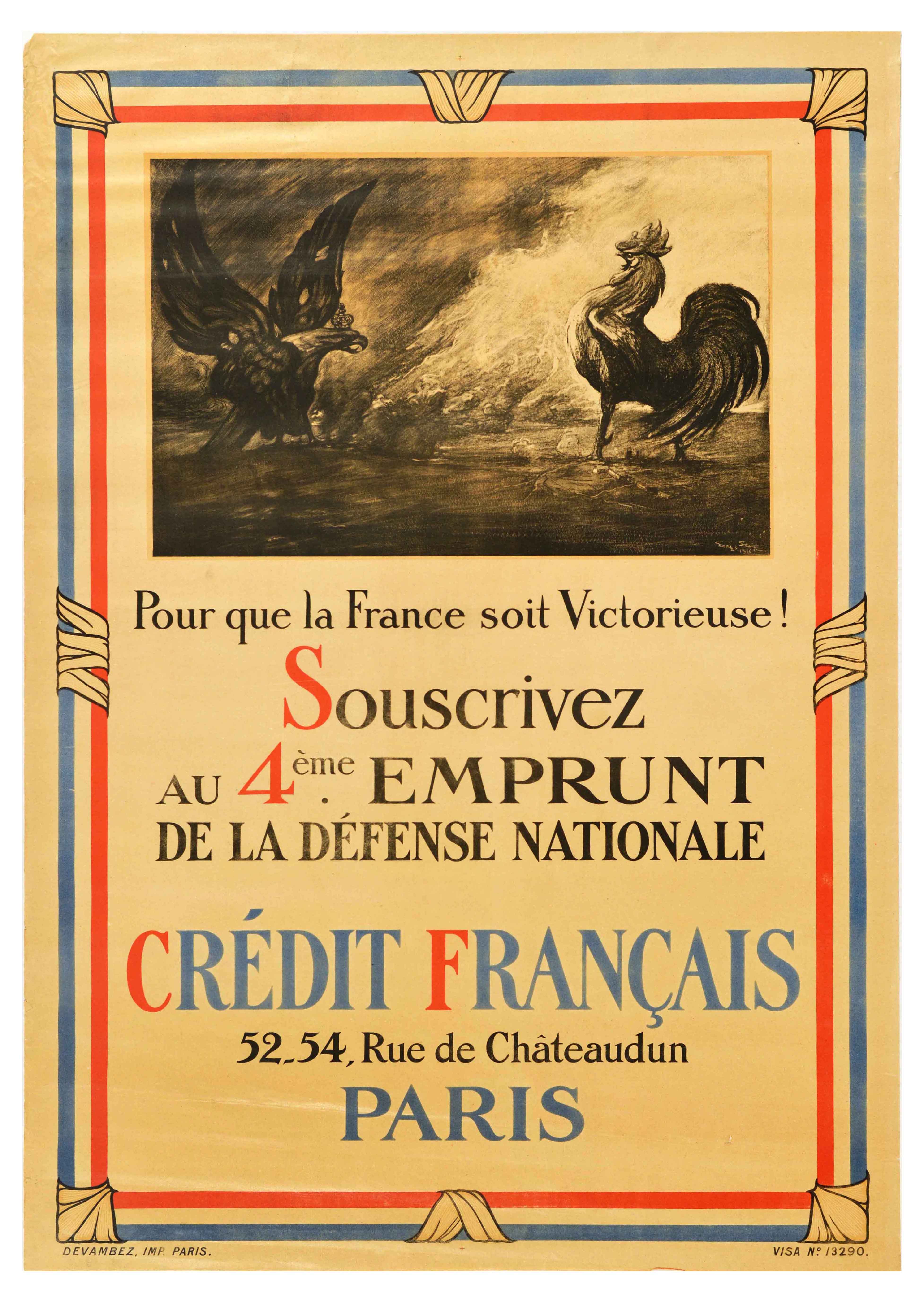 War Poster Emprunt Credit Francais WWI War Loan Gallic Rooster Imperial Eagle Central Powers