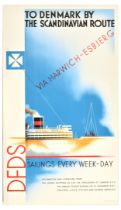 Travel Poster DFDS Denmark Scandinavian Route Art Deco Harwich Esbjerg Ferry