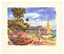 Travel Poster United Airlines Waikiki Beach Hawaii Joe Feher