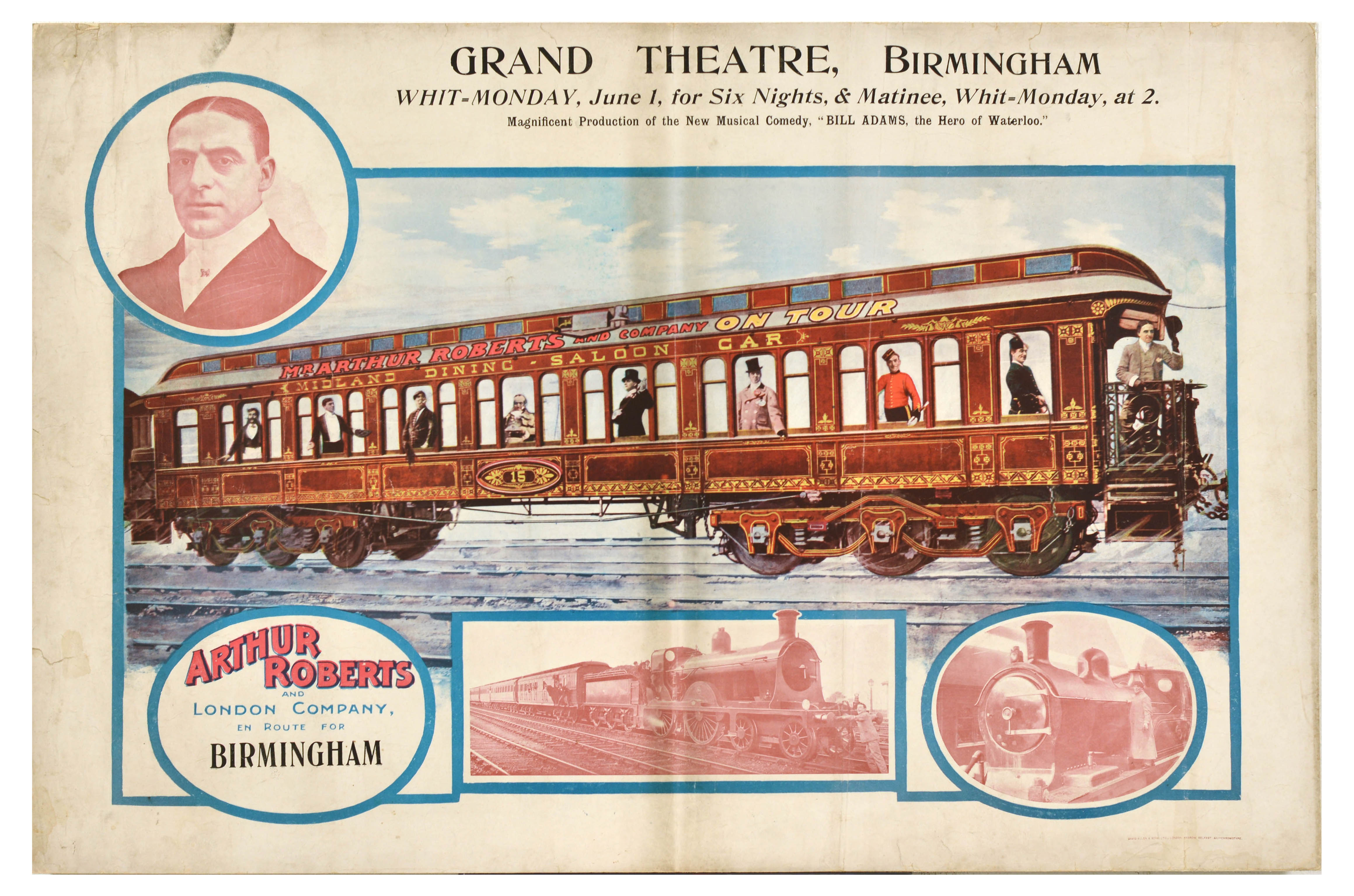 Advertising Poster Arthur Roberts London Company Grand Theatre Birmingham Musical Comedy