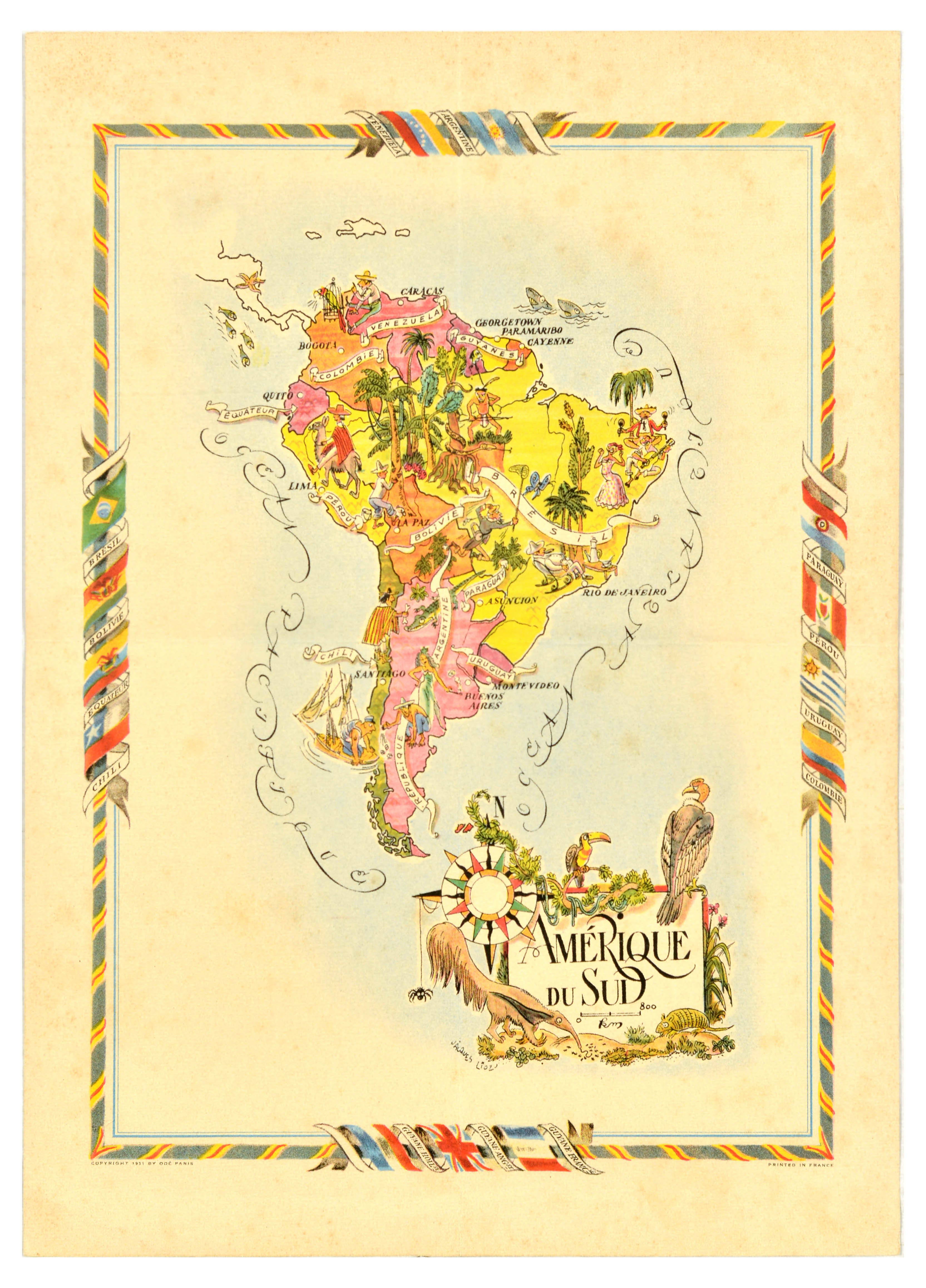 Travel Poster Amerique Du Sud South America Map Jacques Liozu