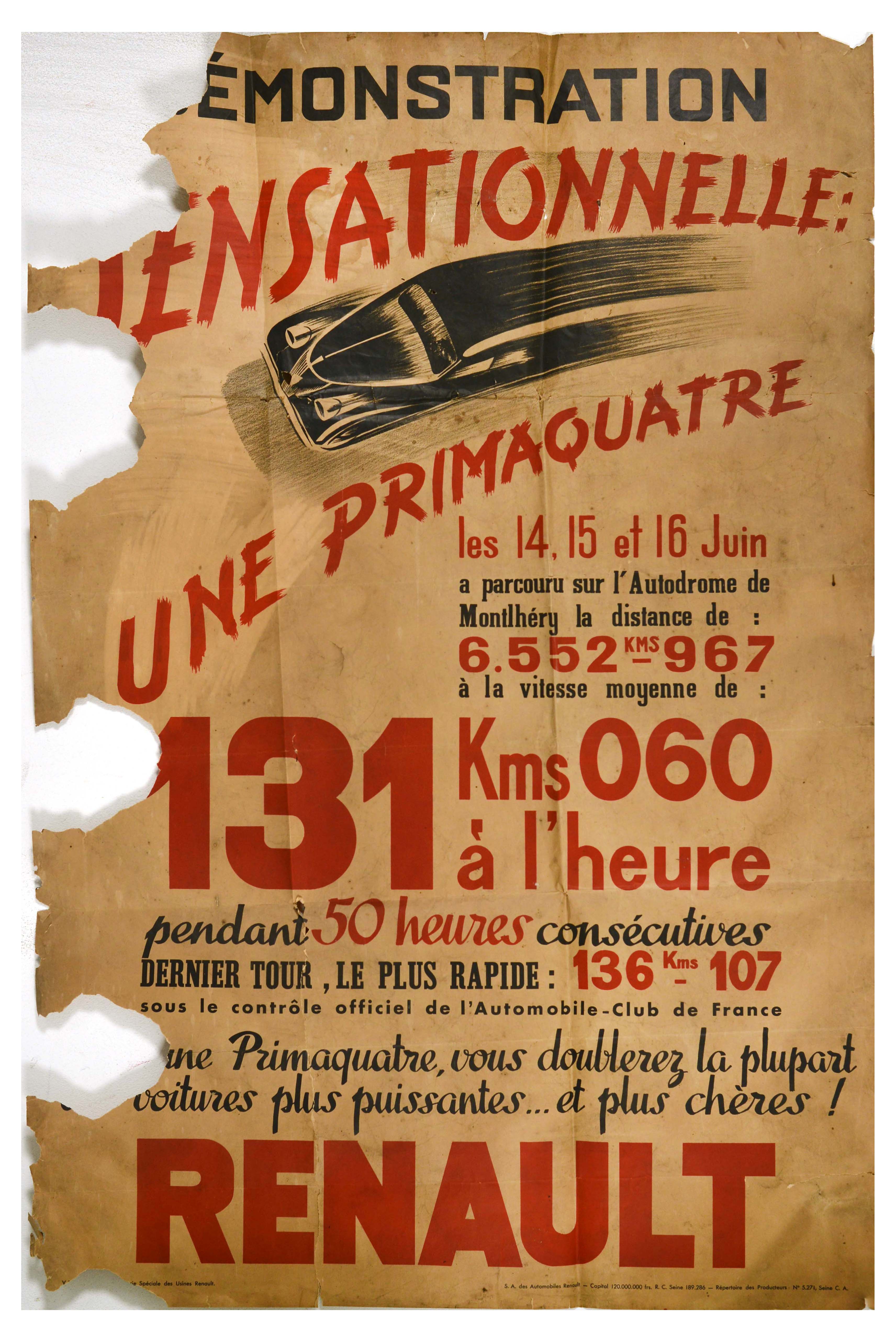 Advertising Poster Renault Primaquatre Autodrome Car Montlhery