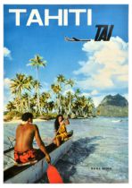 Travel Poster Tahiti Bora Bora Tai Airlines Kayak Beach Palm